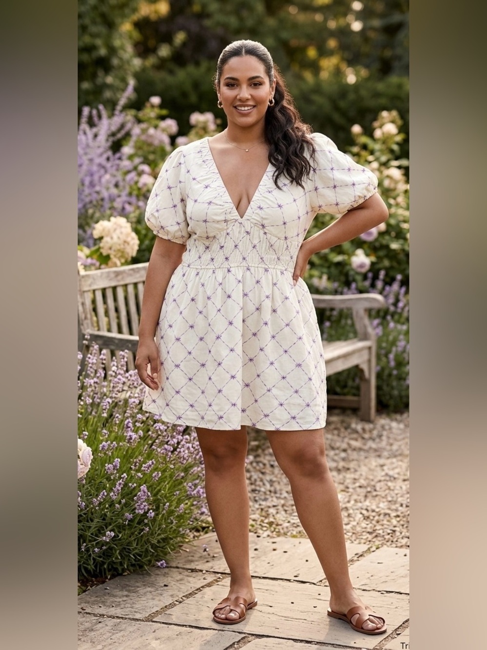 Trixxi White & Purple Lattice Embroidered Linen Blend Puff Sleeve Mini Dress XL